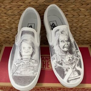 Childs Play Chucky White Classic Slip On Vans NEW Womens 8 Custom Freehand Drawn